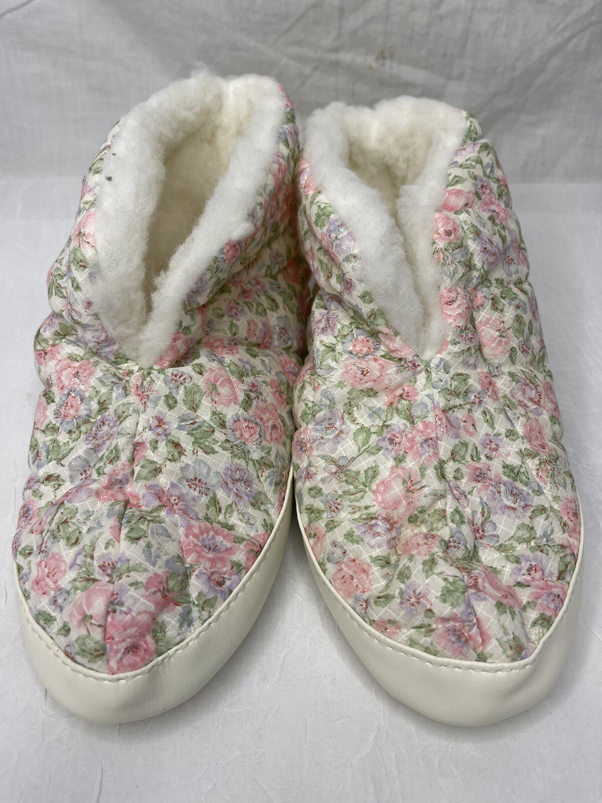 Vintage Dearfoams Warm Up Boots Slipper Booties Pink Blue Floral Medium 6.5-7.5