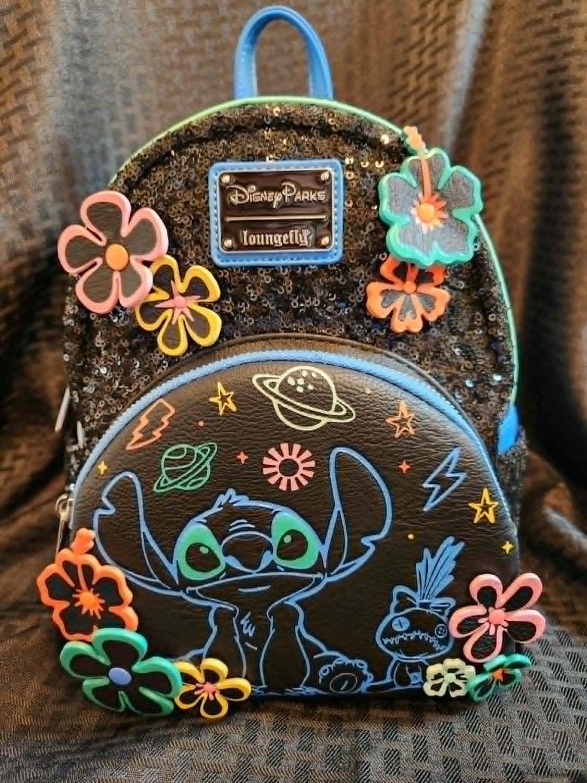 Loungefly Stitch Mini Backpack Sequin Floral Neon Bag Exclusive