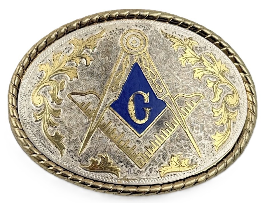 Vtg Masonic Belt Buckle Gold and Silver Tone Oval Cowboy Western Rope Etched
