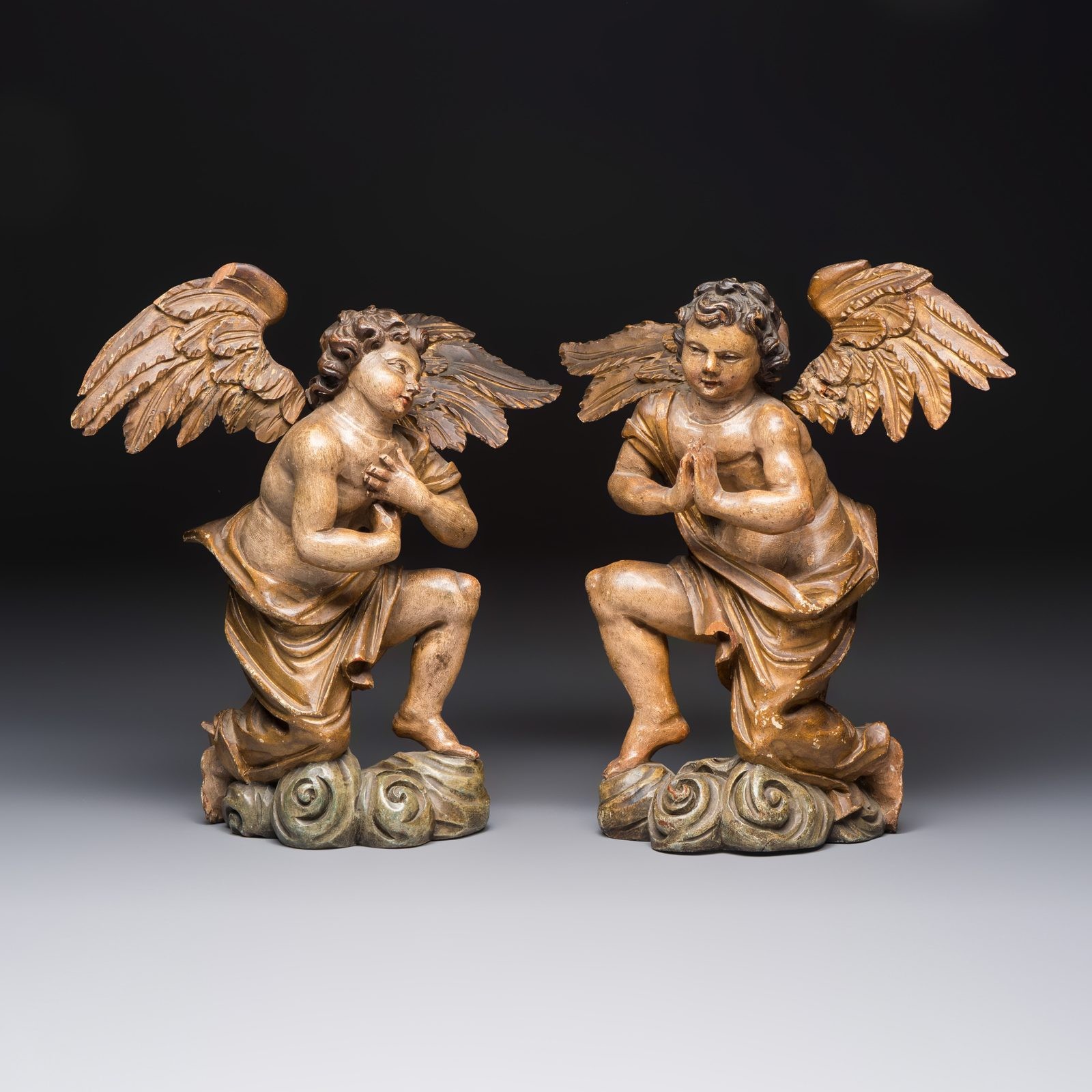 PAIR antique 18thc wood Spanish polychrome angel statues figurine religious art