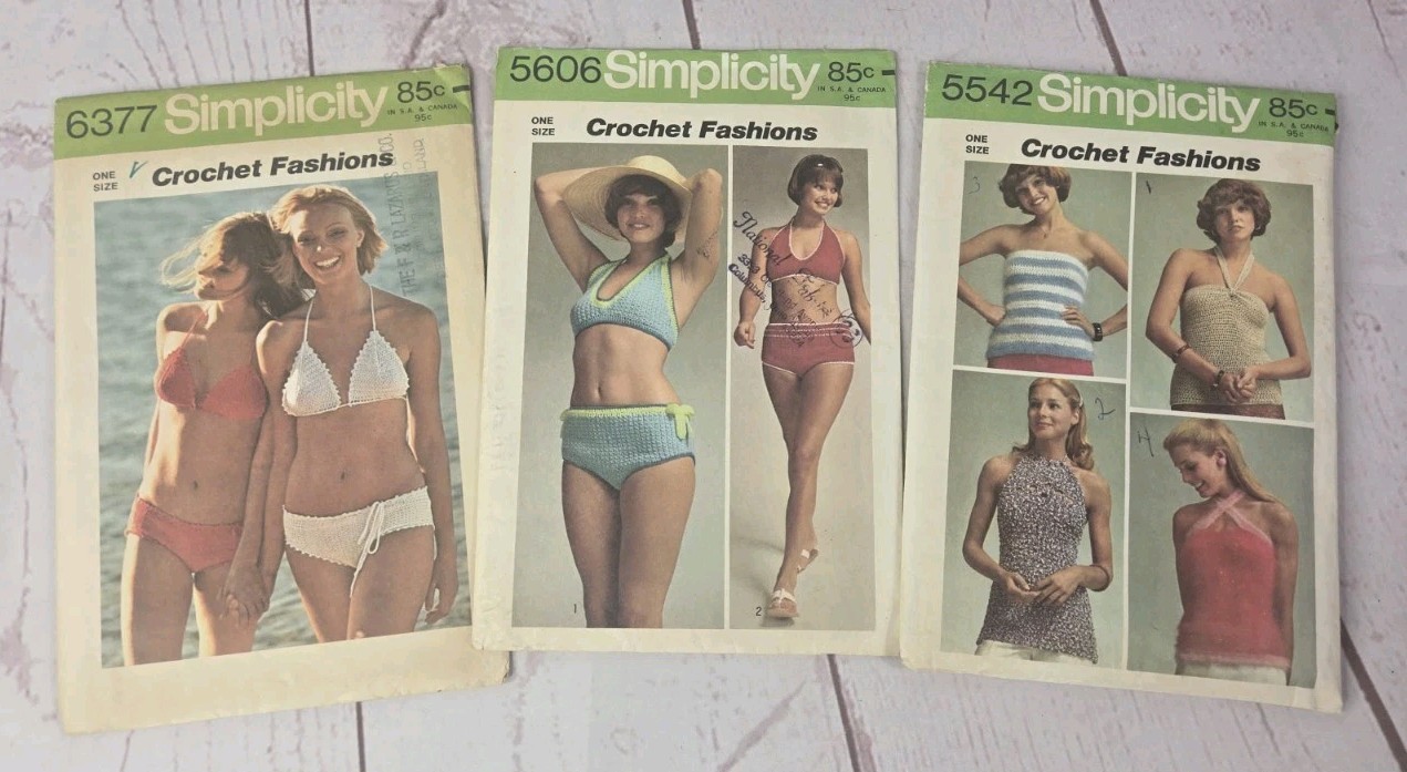 Lot of 3 Vtg 1973-74 Simplicity Patterns Misses Crochet Bikinis, Halter Tops