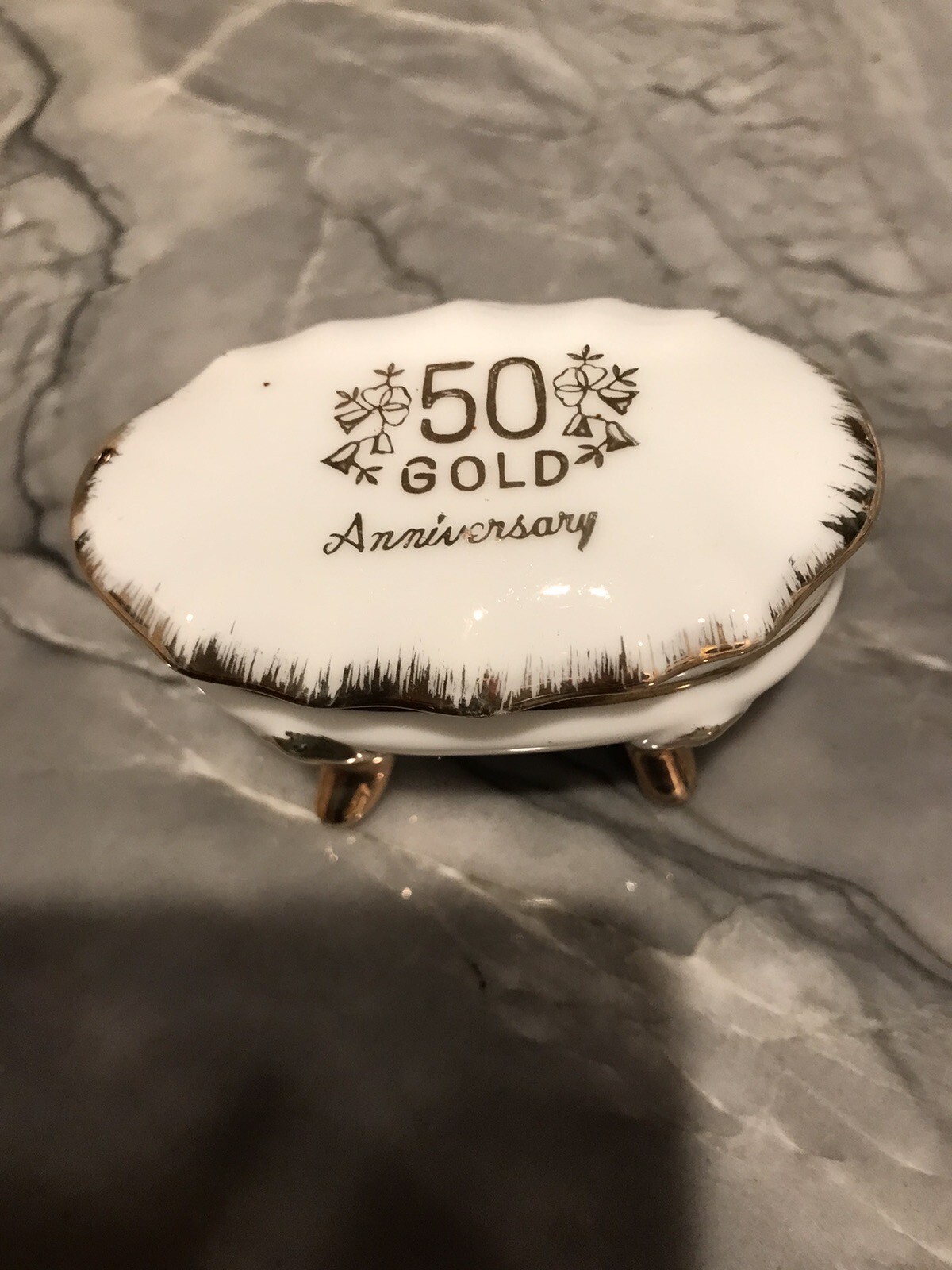 Vintage 50th Gold Anniversary Porcelain Ring Keepsake Box Footed Japan 3” X 2” 