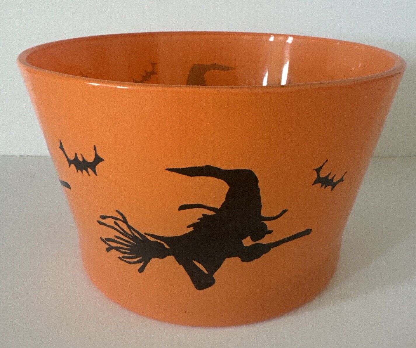 Hazel Atlas Glass Halloween Candy Bowl Ice Bucket Flying Witch Bat Dish Vintage