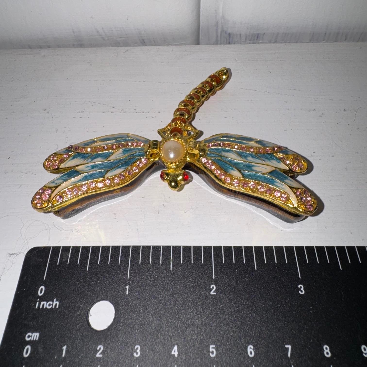 Enameled Dragonfly Gold-Toned with Crystals Hinge Trinket Box