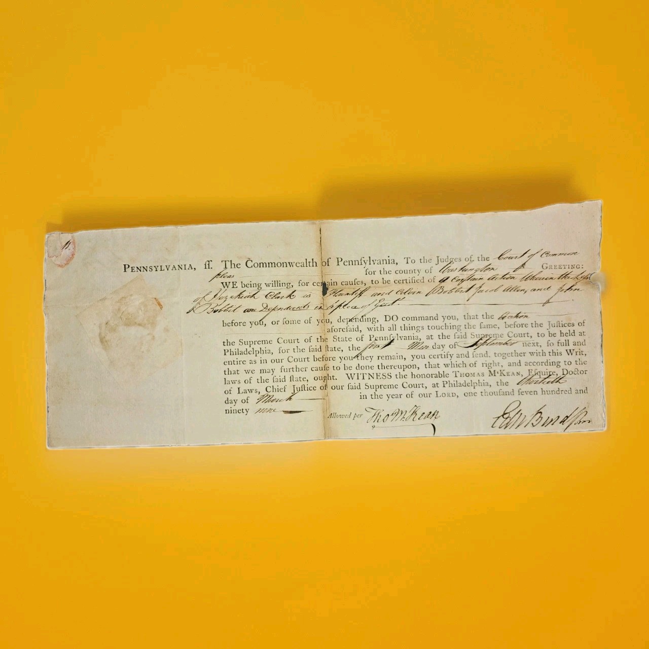 1799 PA Supreme Court Writ Signed Thomas McKean – Declaration Signer