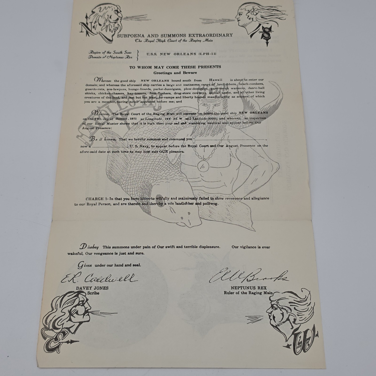 Vintage 1971 USS New Orleans LPH-11 Apollo 14 Space Recovery Shellback Subpoena