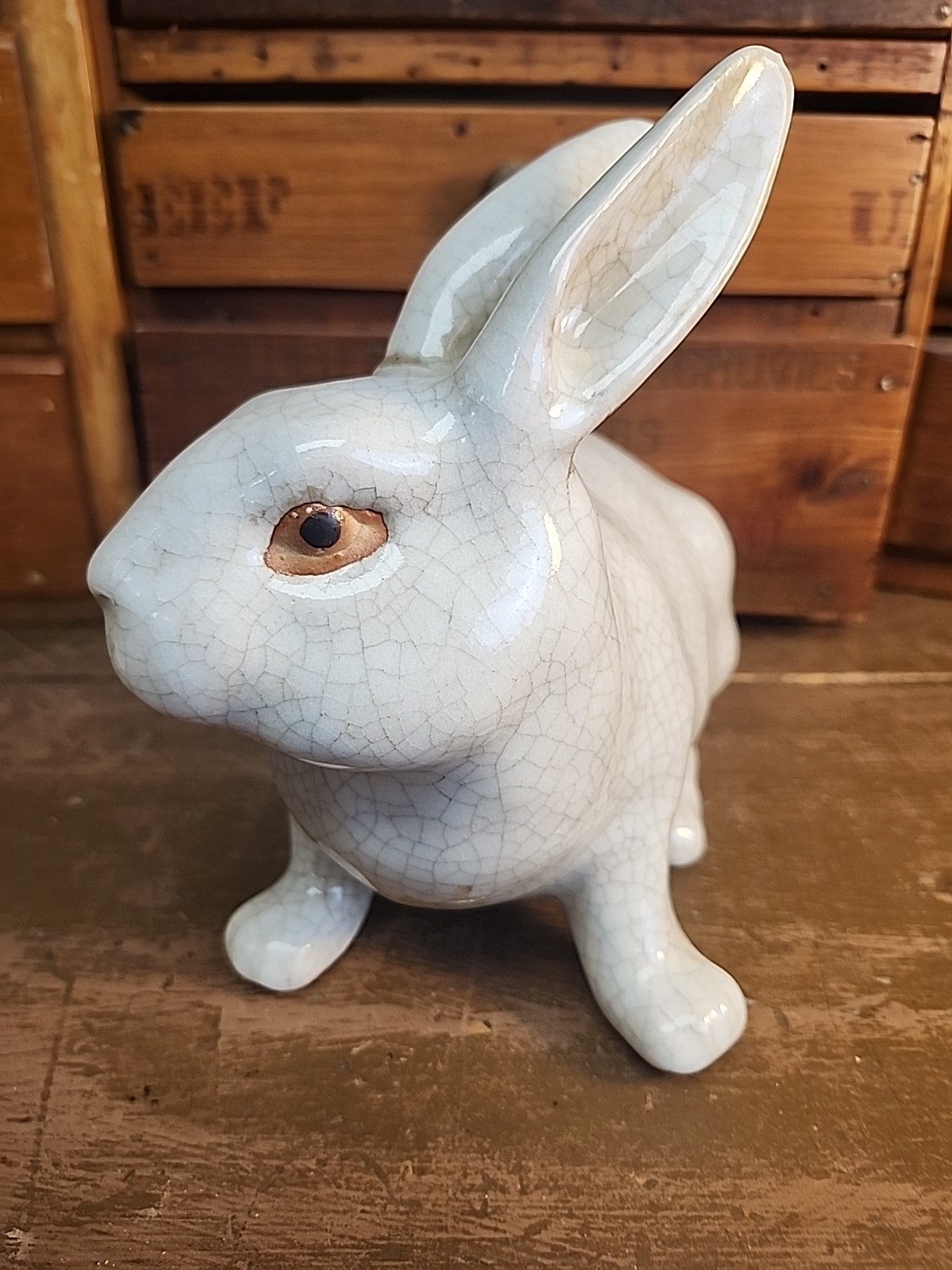 Crackle Glaze Creamy White Ceramic Rabbit Easter Bunny  Vintage