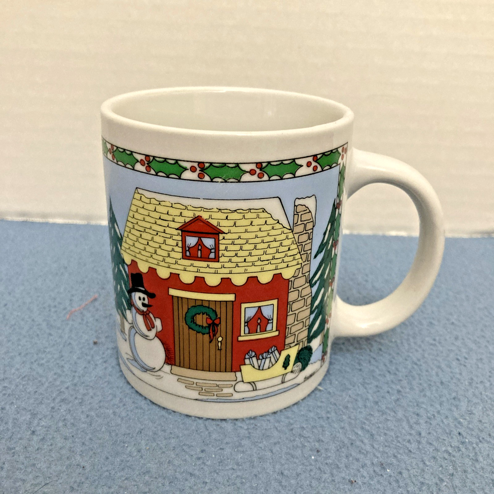 Vintage Houston Foods Christmastime House w/Snowman & Sleigh Coffee Cup