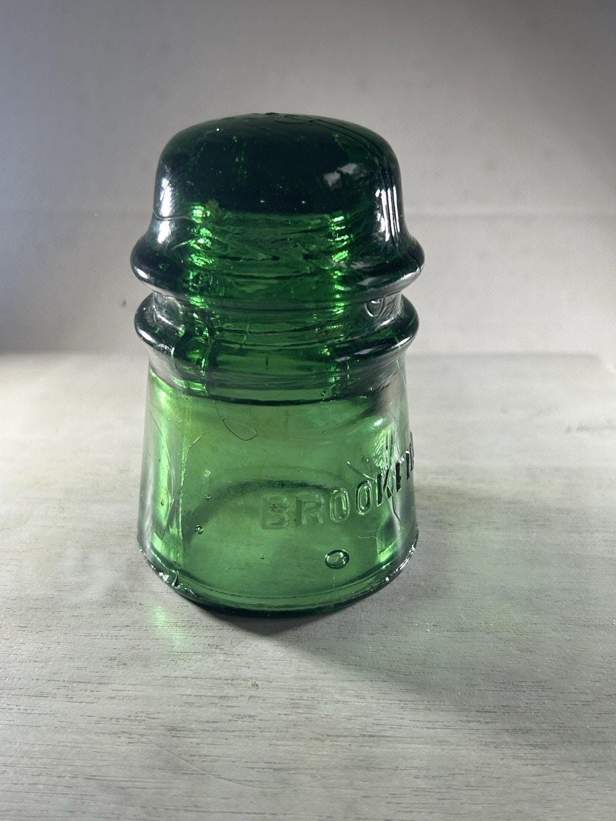 Antique Brookfield CD 145 Emerald Green Glass Insulator Heavy Bubbles Beehive