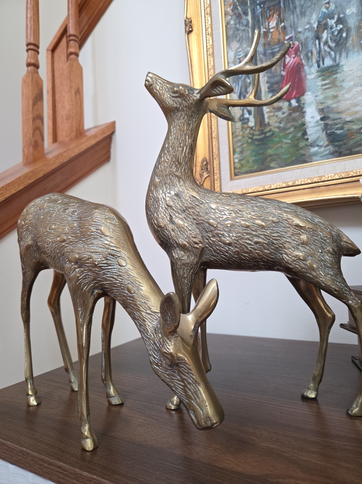 Vintage Large Brass Deer Pair Stag Buck Grazing Doe MCM Fallow Deer Figurines Vintage Large Brass Deer Pair Stag Buck Grazing Doe MCM Fallow Deer Figurines