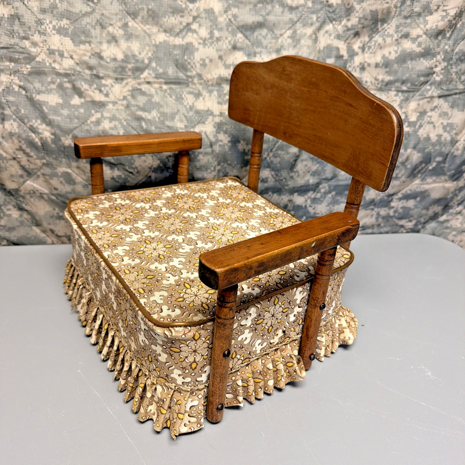 Vintage 70's Booster Seat Toddler Brown Floral Medallion Retro Wood Armrests