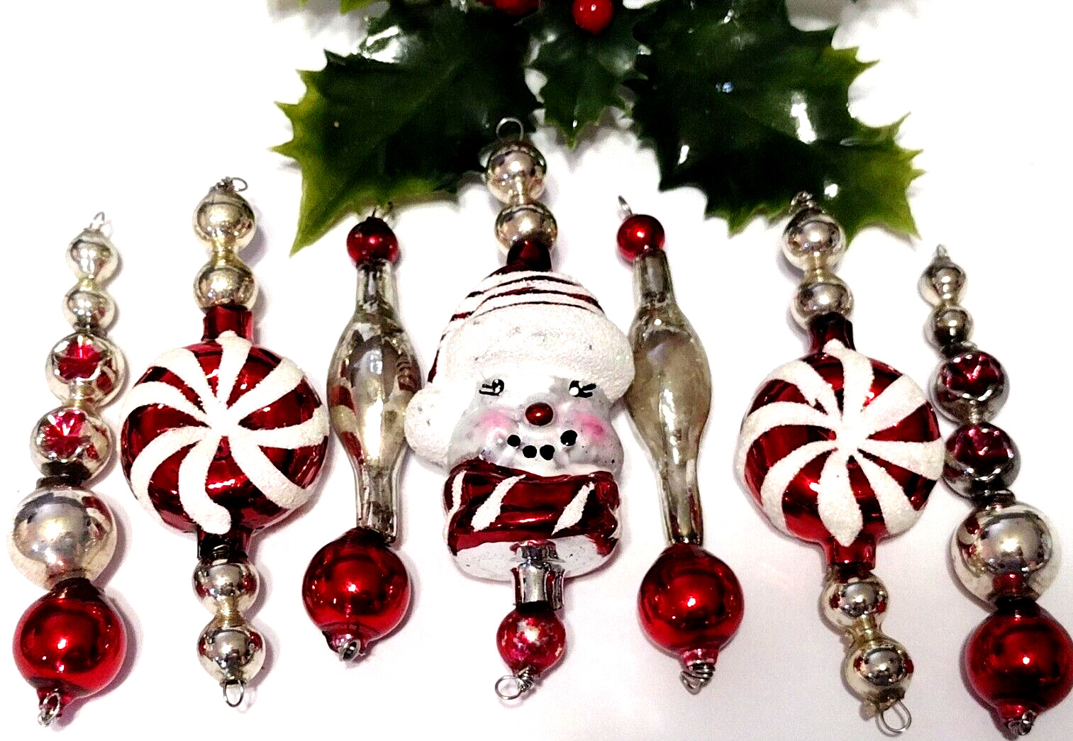 vtg Christmas Ornaments 7 Mercury Glass Bead Icicles Snowman Red Silver Candy #A