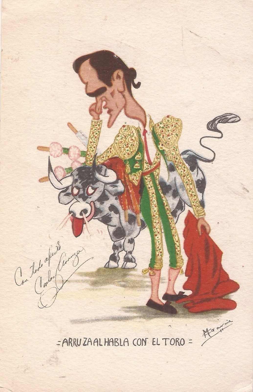 ARTIST SIGNED - M. Marcia:  Bullfighter Arruza Speaks with Bull - MATADOR SIGNED