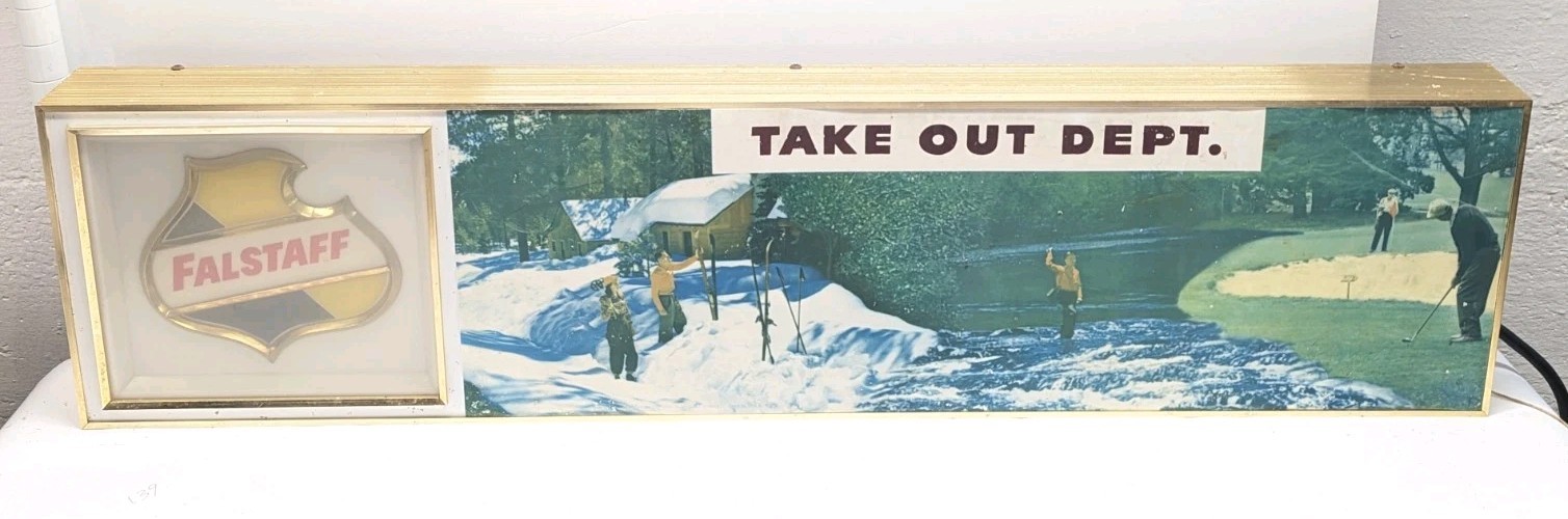 Vintage FALSTAFF Beer Take Out Dept Lighted Golf Fishing Skiing sign 2 Sided Adv Vintage FALSTAFF Beer Take Out Dept Lighted Golf Fishing Skiing sign 2 Sided Adv