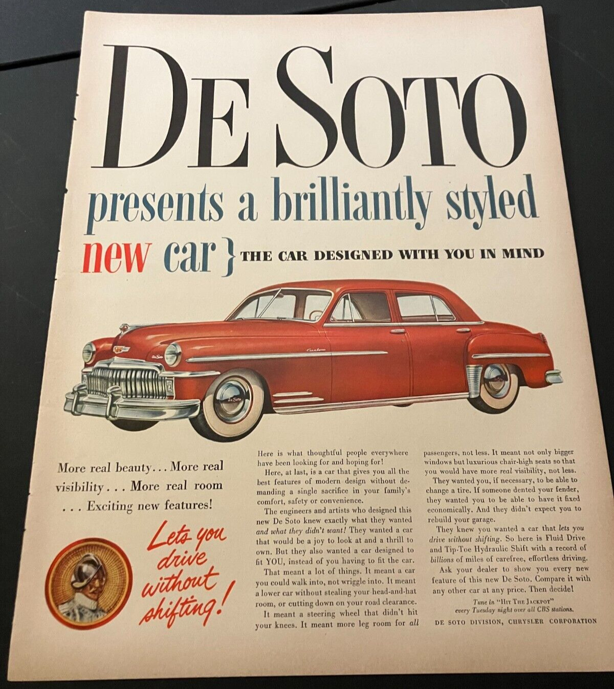 Red 1949 DeSoto Custom Sedan - Vintage Original Color Print Ad Wall Art - CLEAN