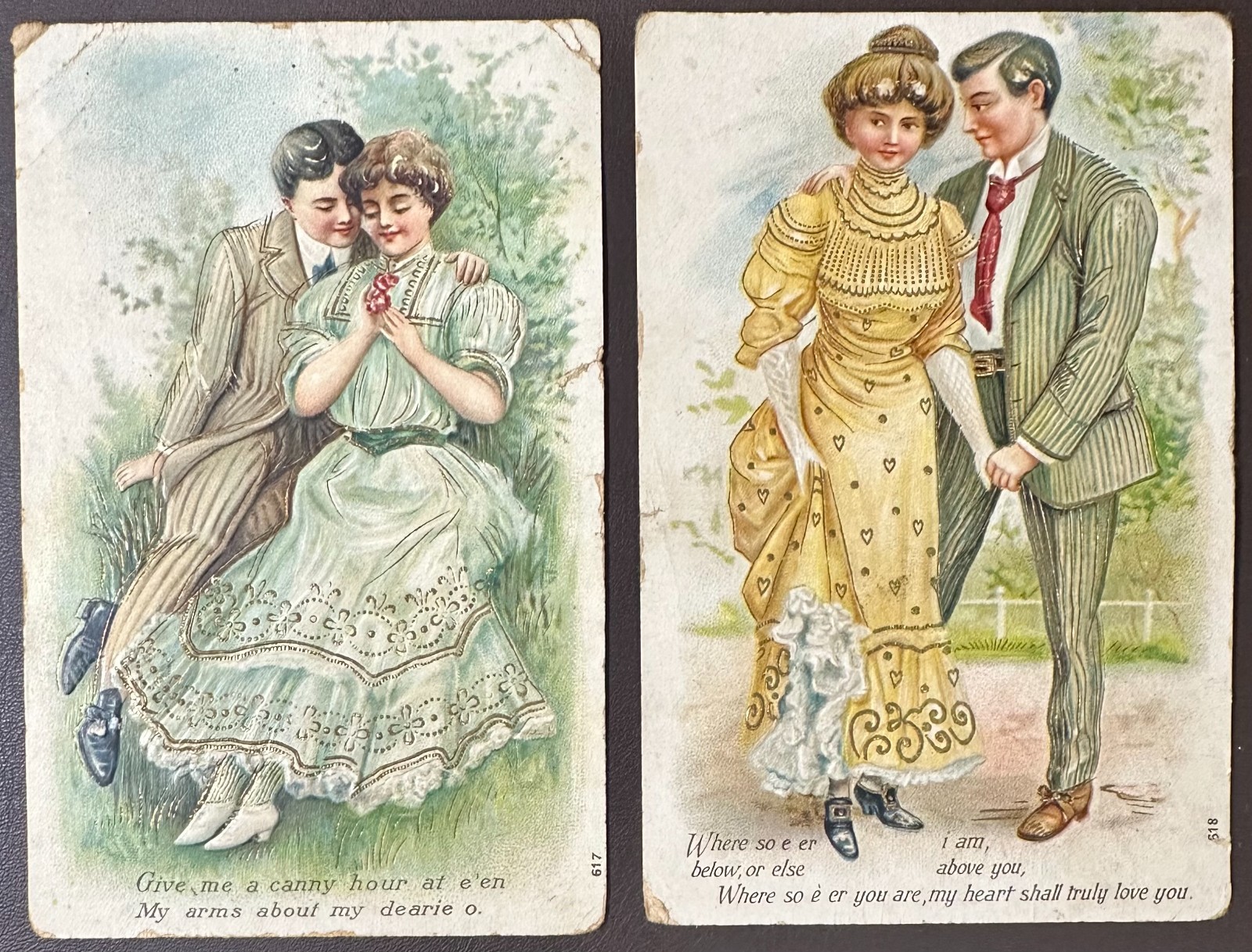 Lot of 2 Antique Embossed Romantic Couple Postcards — Edwardian Era — Series 617
