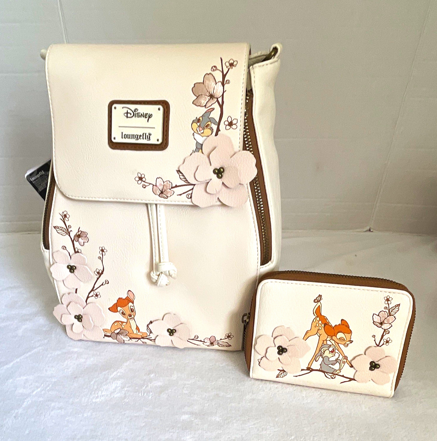 Loungefly Disney Bambi Floral Small Backpack & Zip Wallet Set White/Brown/Pink