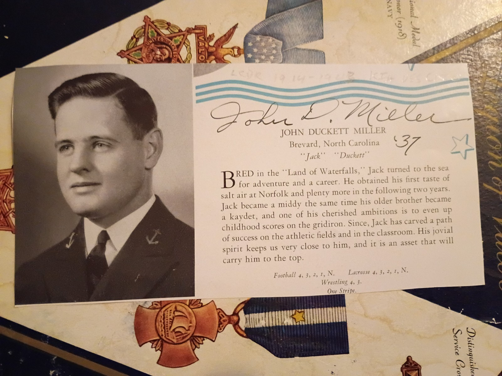 WWII Sub CO L/Cdr JOHN D. MILLER KIA USS Cisco Signed USNA 1937 Yearbook Photo