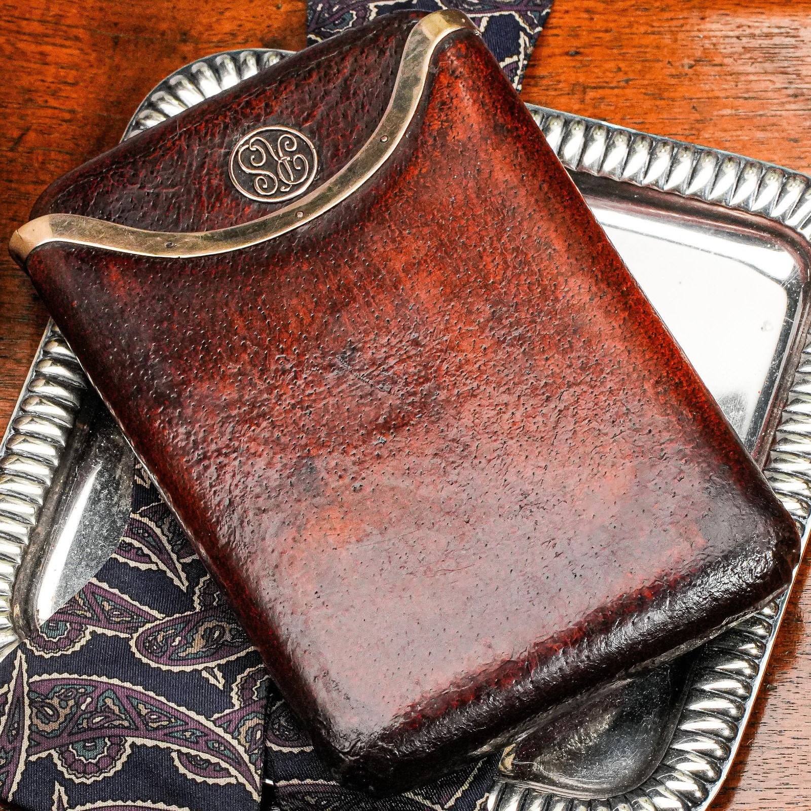 Rare Asprey & Co. 9k Gold Art Deco Antique Leather Cigar Case Tobacciana