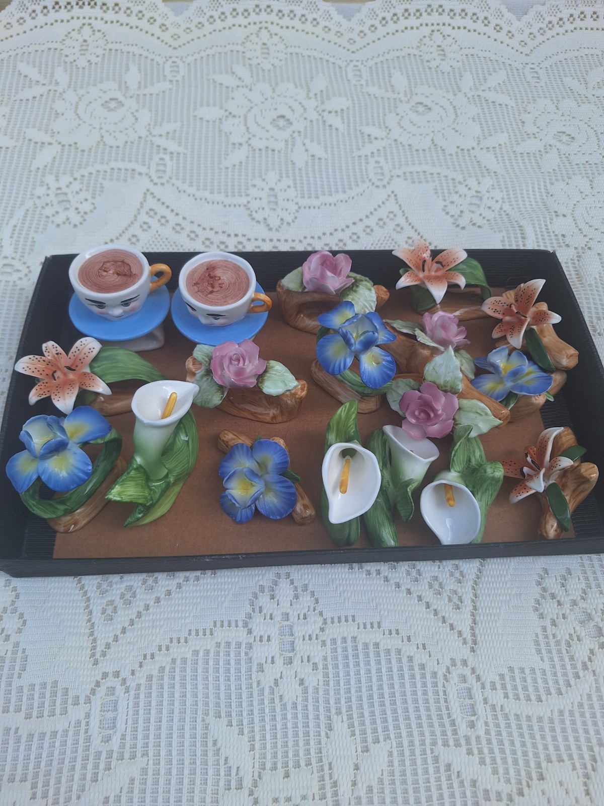 Vintage 1985 Pia Philippines Bone China Napkin Rings & Card Holders – Floral Set