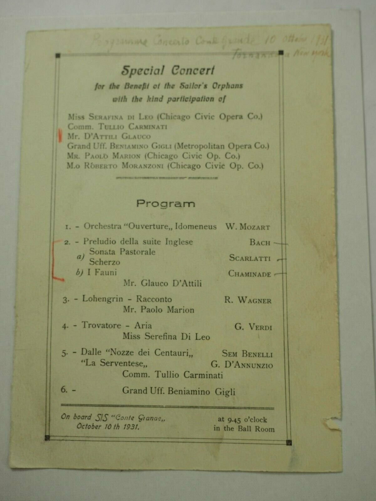 Special Concert for Sailor's Orphans Glauco D'Attili 1931 Invitation & Program