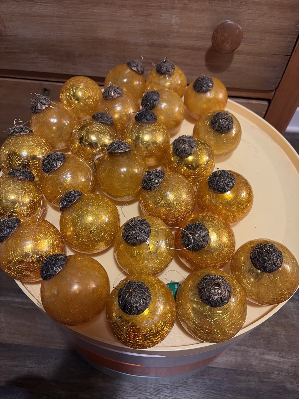 25  Kugel Gold Mercury Crackle Glass Christmas Heavy Ornaments. Large Lot