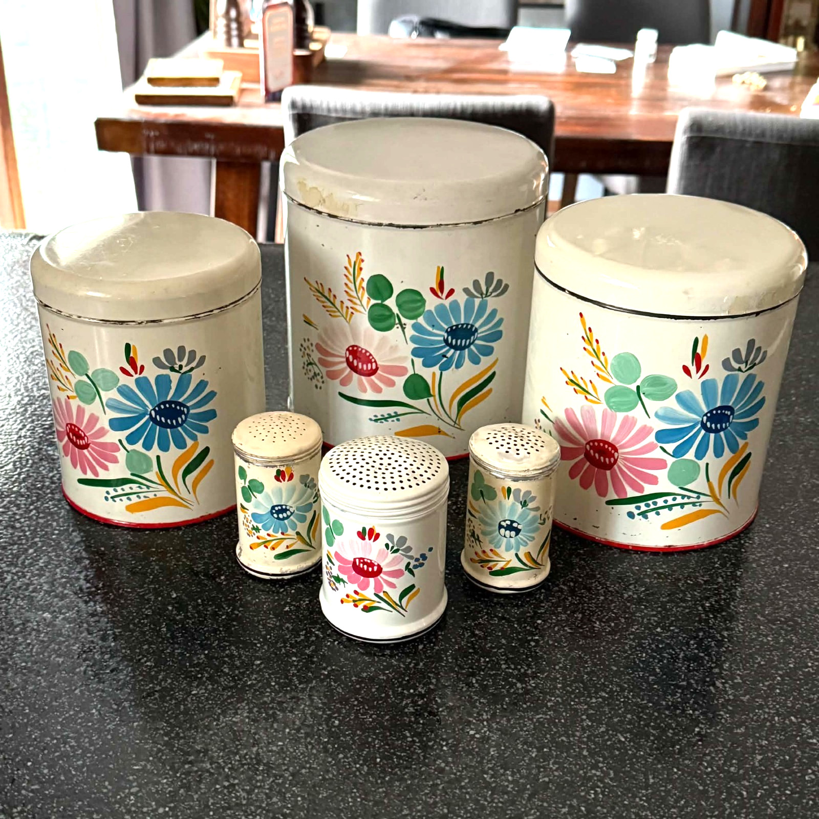 VTG Ransburg Hand Painted Canister Shaker Set 6pc Kitchen Bouquet Patina Craft VTG Ransburg Hand Painted Canister Shaker Set 6pc Kitchen Bouquet Patina Craft