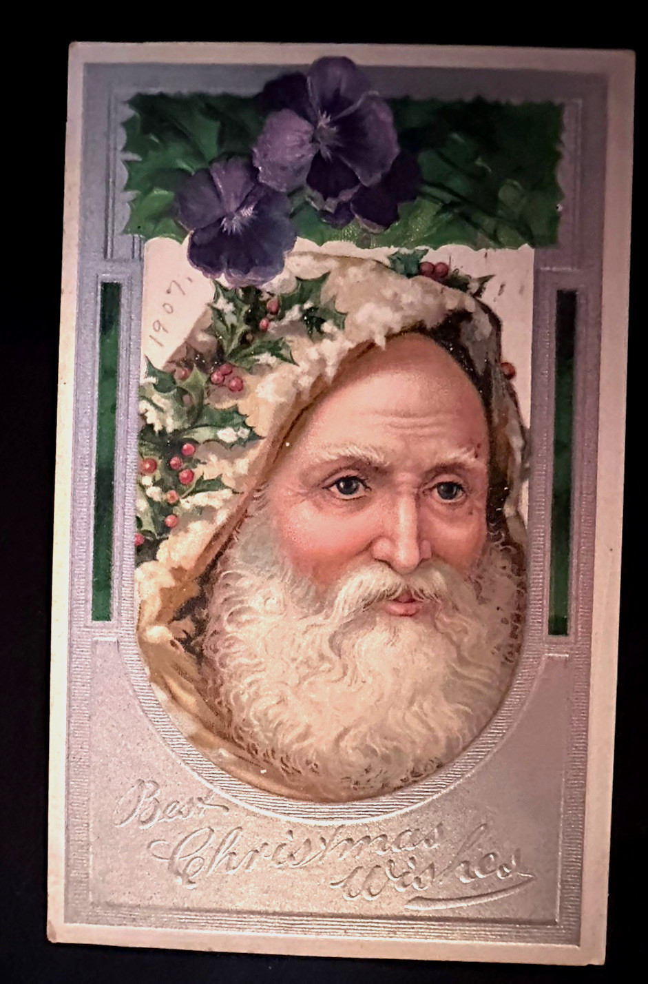 White Hood~Full Face~SANTA Claus~Crown of Holly~Silver  Christmas Postcard~r407