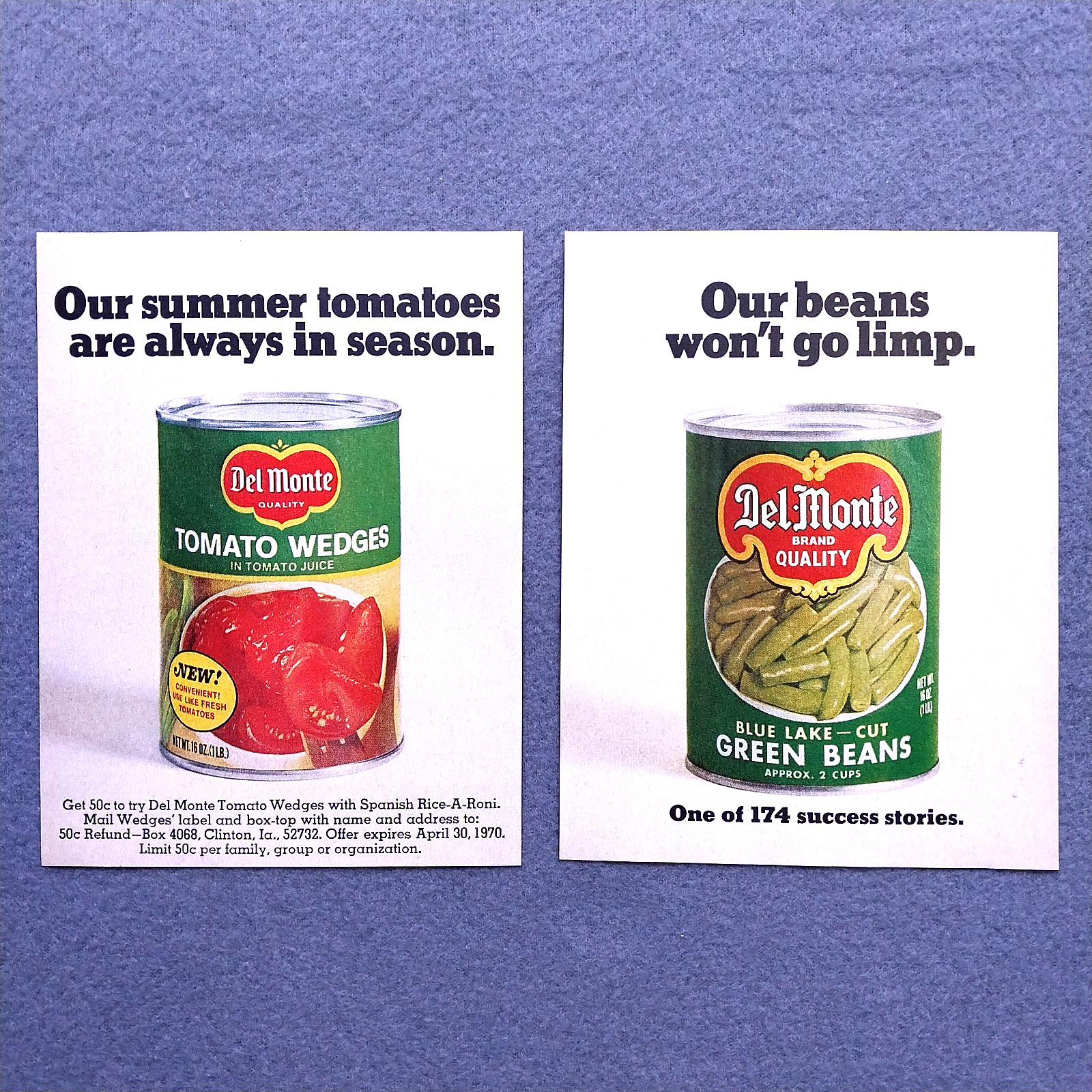 1969 Del Monte Canned Vegetables Green Beans Tomatoes Vintage Print Ad Clippings