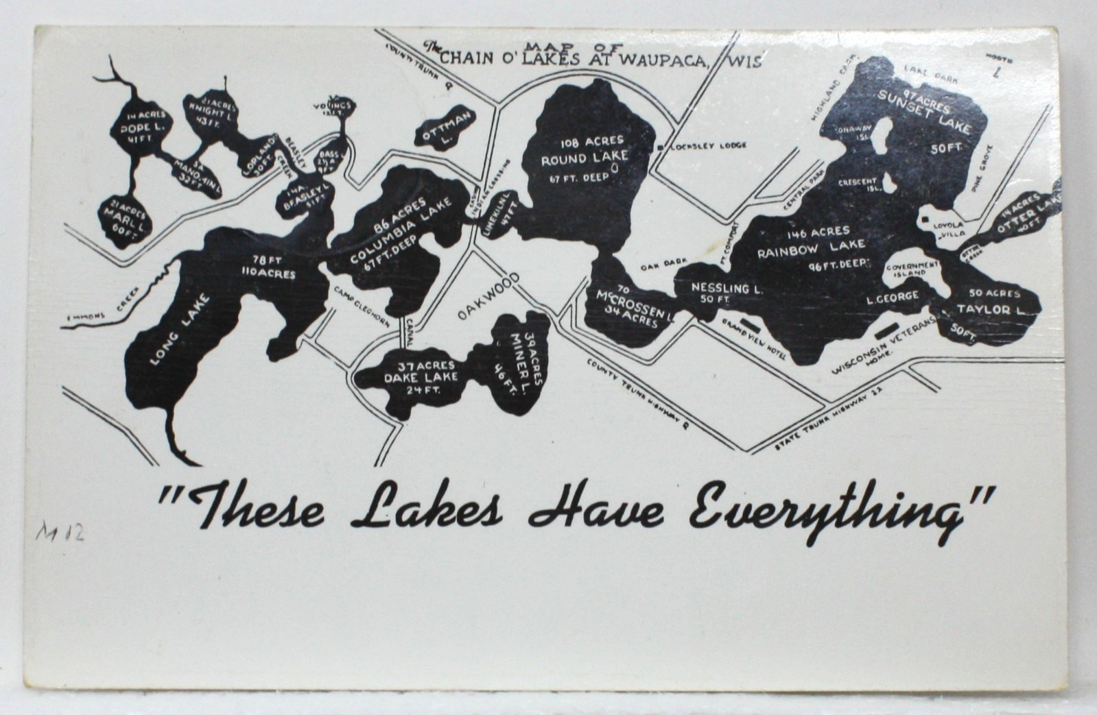 RPPC Waupaca Wisconsin WI Chain O Lakes Map Vintage Real Photo Postcard