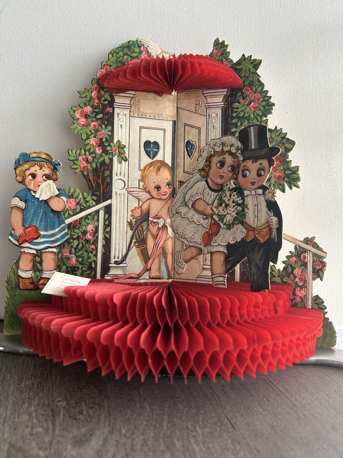 Antique 1920s German Pop Up Valentine Honeycomb Wedding Bride Groom