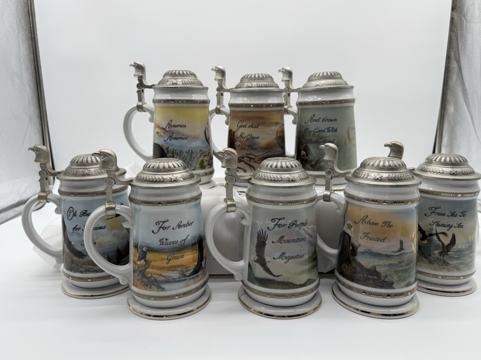 1990 set of eight Longton Crown America the Beautiful lidded beer steins England 1990 set of eight Longton Crown America the Beautiful lidded beer steins England