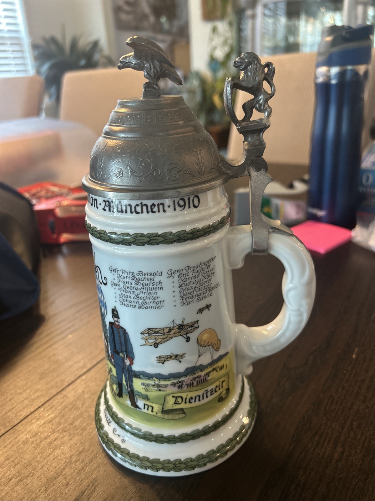 German Military Regimental Beer Stein, Lithophane Munich 1910 Eagle Domex