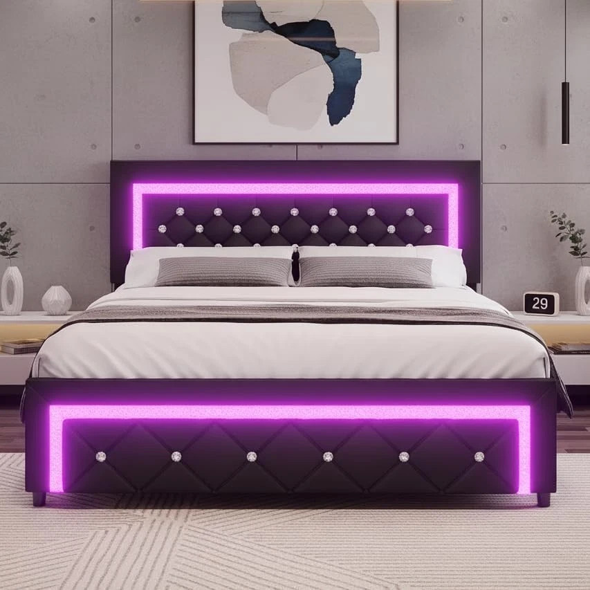 Queen Bed Frame with LED Lights, Diamond Tufted Headboard, Black Queen Bed Frame with LED Lights, Diamond Tufted Headboard, Black