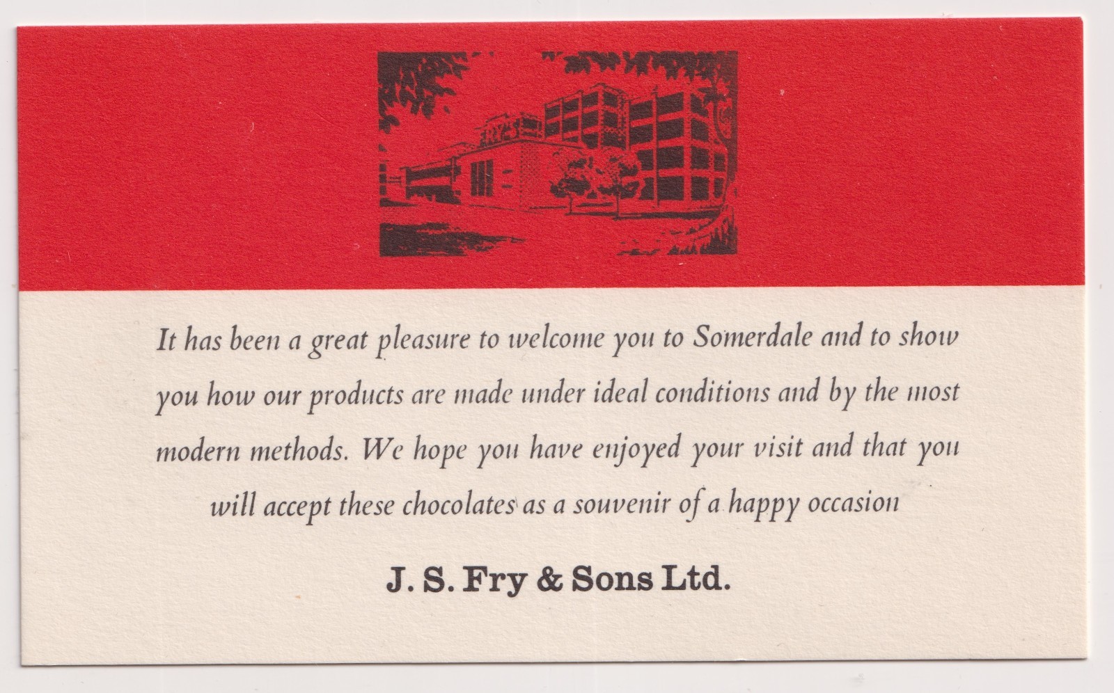 Vintage J S Fry Sons Somerdale Factory Visit Souvenir Chocolate Card Vintage J S Fry Sons Somerdale Factory Visit Souvenir Chocolate Card