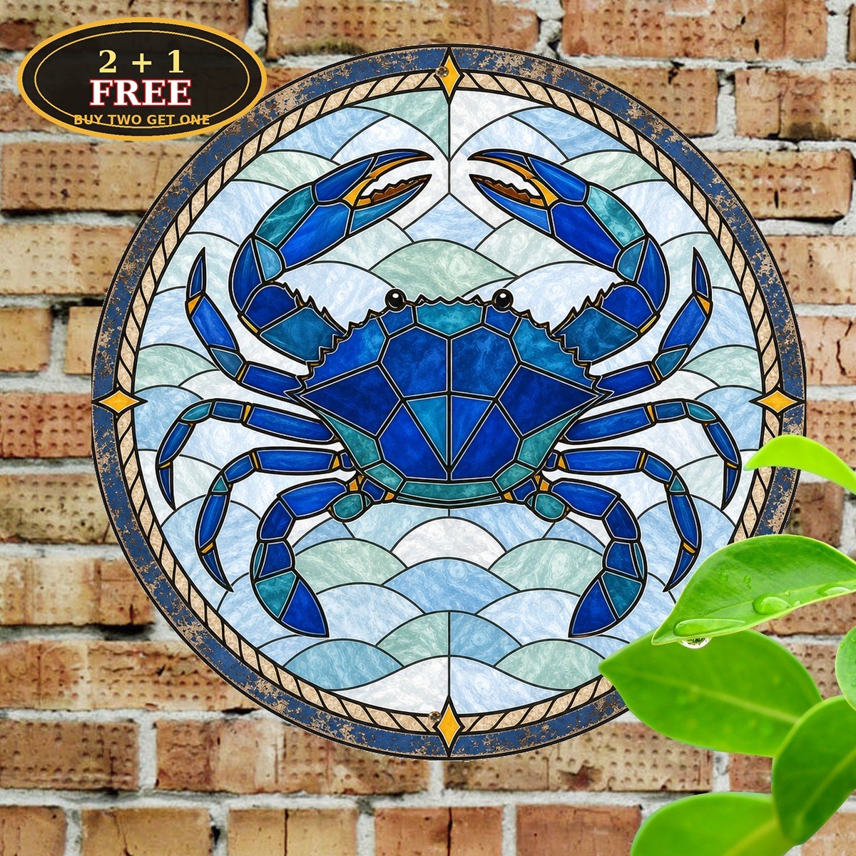 Ocean Blue Crab Coastal Suncatcher Round Garden Window Sign