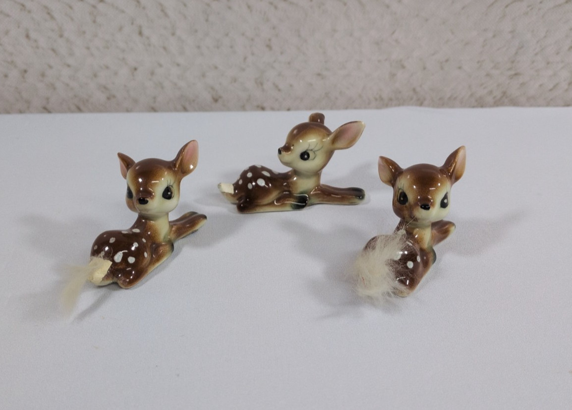 Vintage 1950\'s 3pc Japan Porcelain Small Deer Fawn Figurines Fur Tail 3\