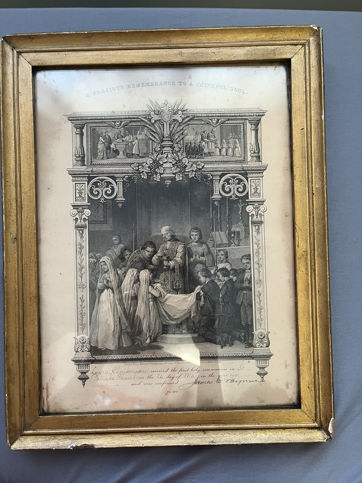 Antique 1901 French Catholic Church First Holy Communion Certificate Framed Antique 1901 French Catholic Church First Holy Communion Certificate Framed