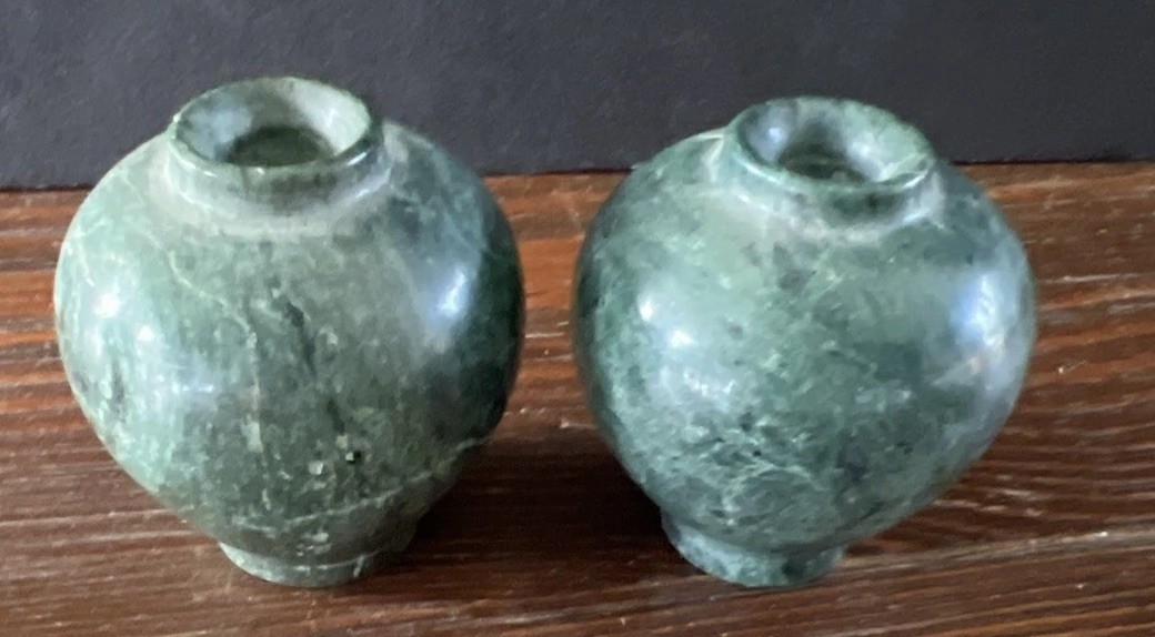 Pair Vintage Green Marble Bud Vases Mini Small 2” Set of 2 Pair Vintage Green Marble Bud Vases Mini Small 2” Set of 2