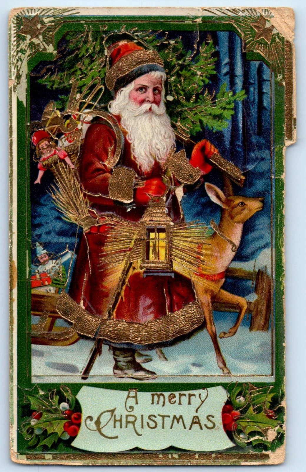 Christmas Santa Claus With Deer Gifts Berries Mistletoe Gel Gold Gilt Postcard Christmas Santa Claus With Deer Gifts Berries Mistletoe Gel Gold Gilt Postcard