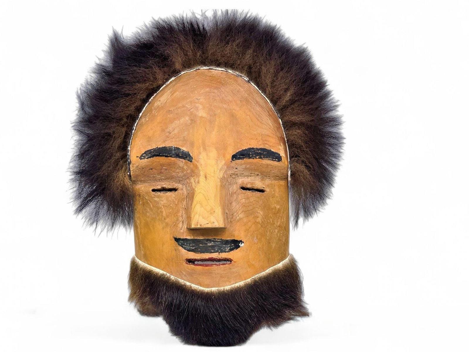 Vtg Alaska Carved Wood Face Mask Dark Fur Trim Wall Hanging Folk Art Carving Vtg Alaska Carved Wood Face Mask Dark Fur Trim Wall Hanging Folk Art Carving