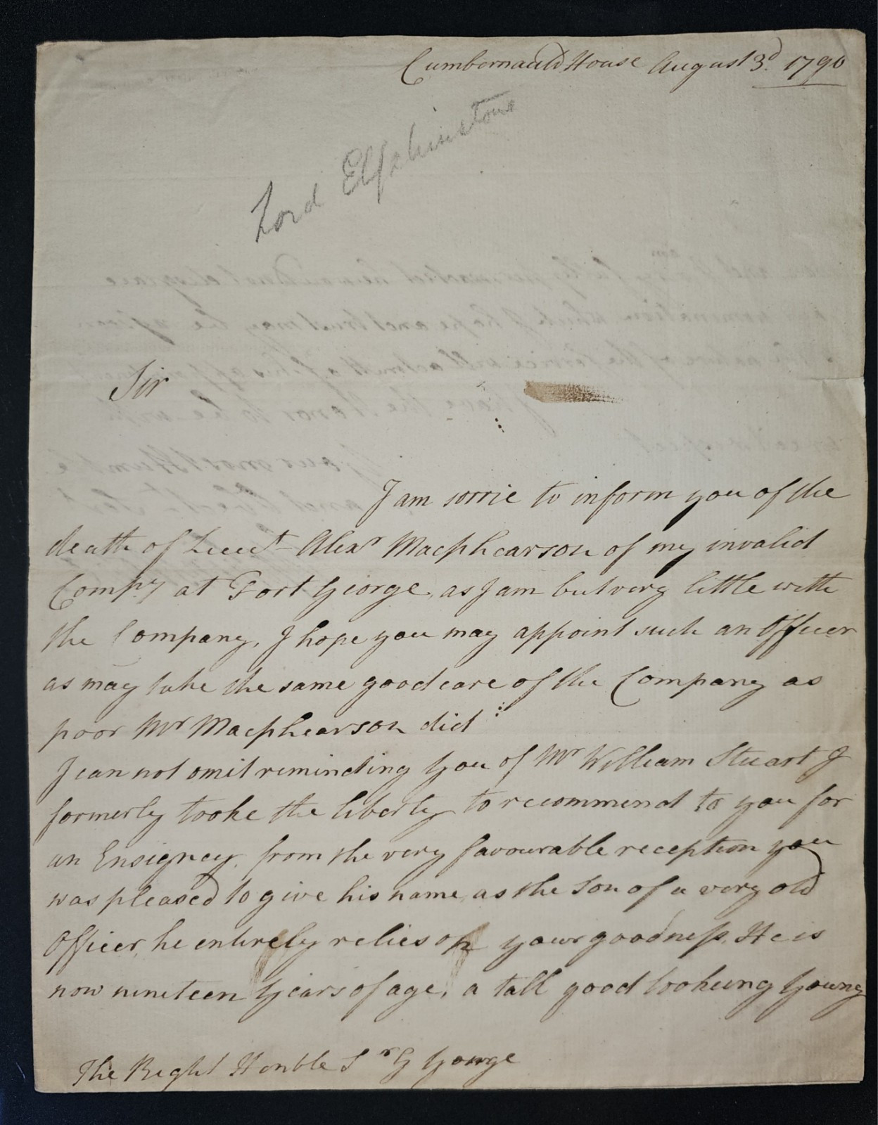 1790 HW Letter – 11th Lord Elphinstone, Cumberland House, Hudson Bay Trading Co
