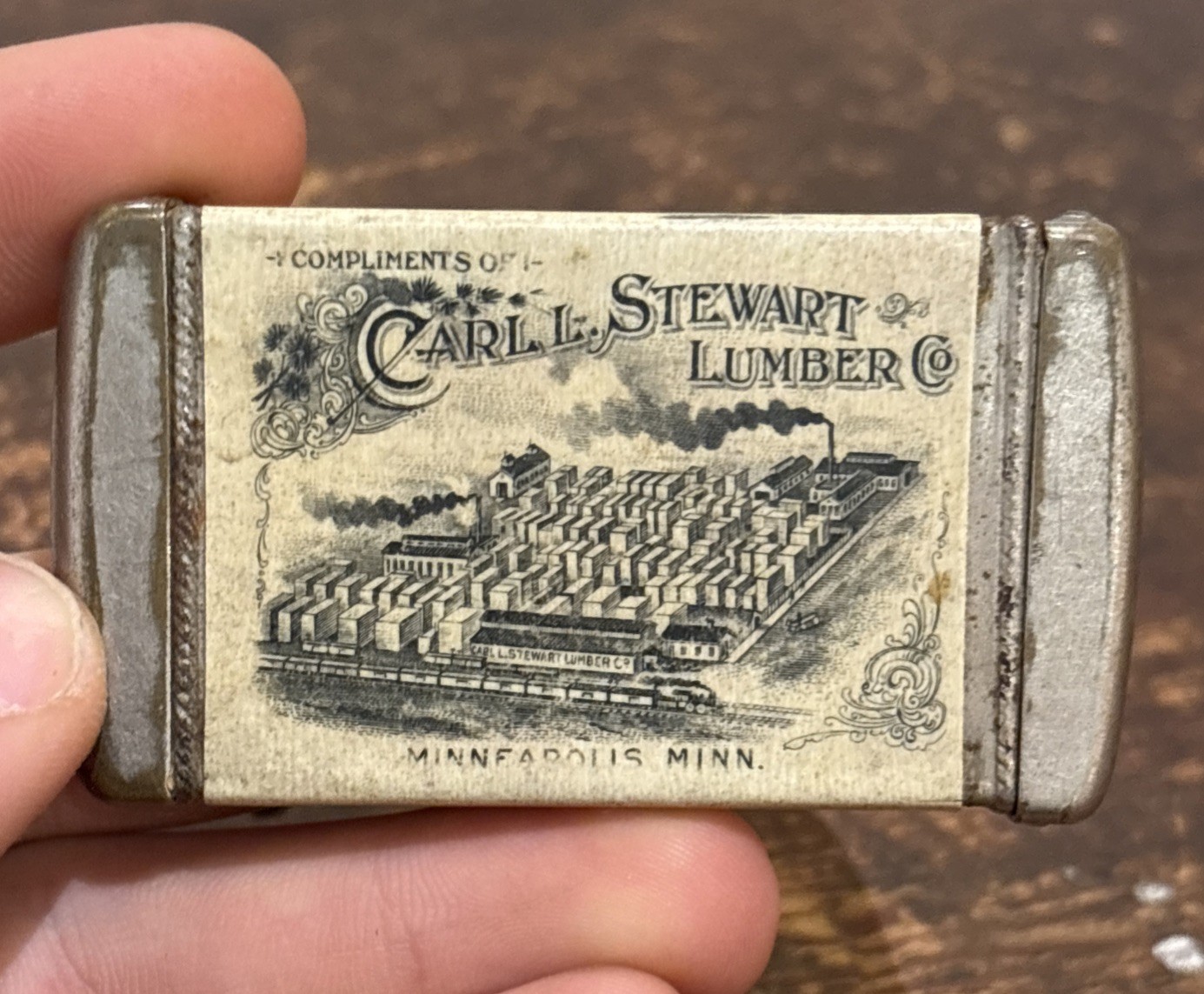 Antique Celluloid MATCH SAFE Carl L. Stewart Lumber Co Advertising MINN RARE