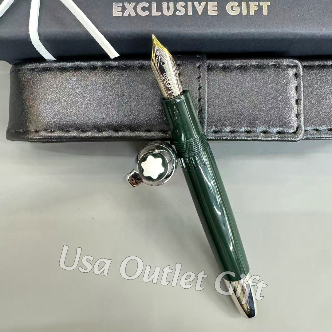 MONTBLANC Meisterstück Green Fountain Pen Silver Trim Fine Nib with Leather Case