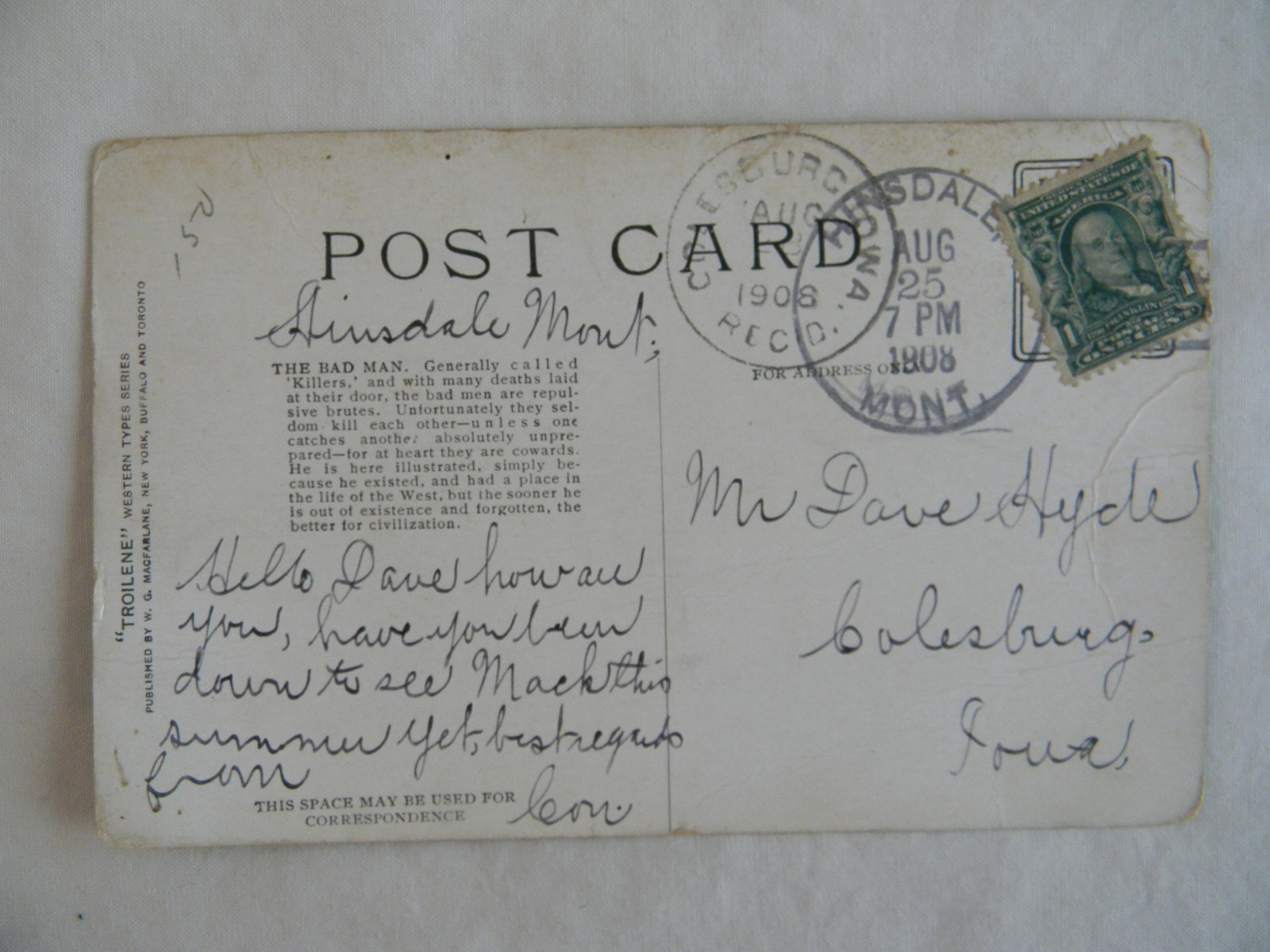 Hinsdale Montana Colesburg Iowa Aug 1908 cancel w/stamp post card