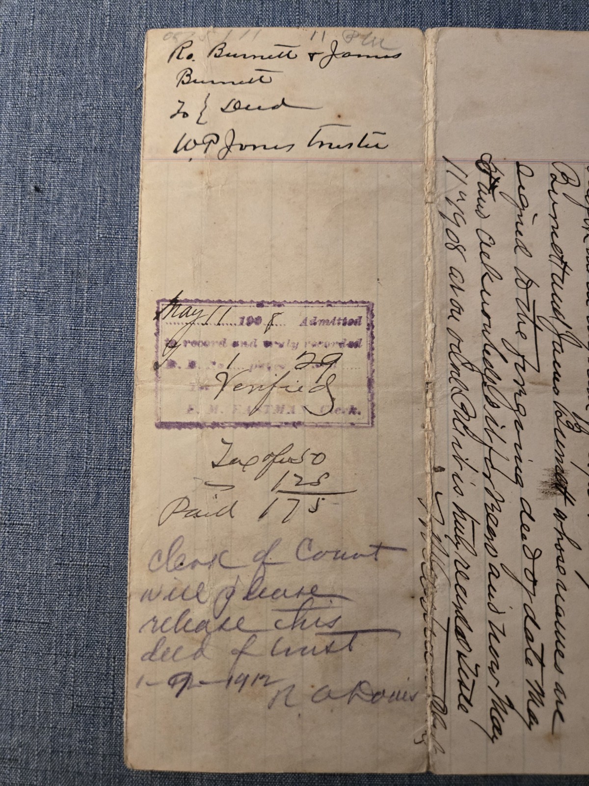 Antique 1908 Handwritten Deed of Trust Middlesex County VA Burnett Jones Family