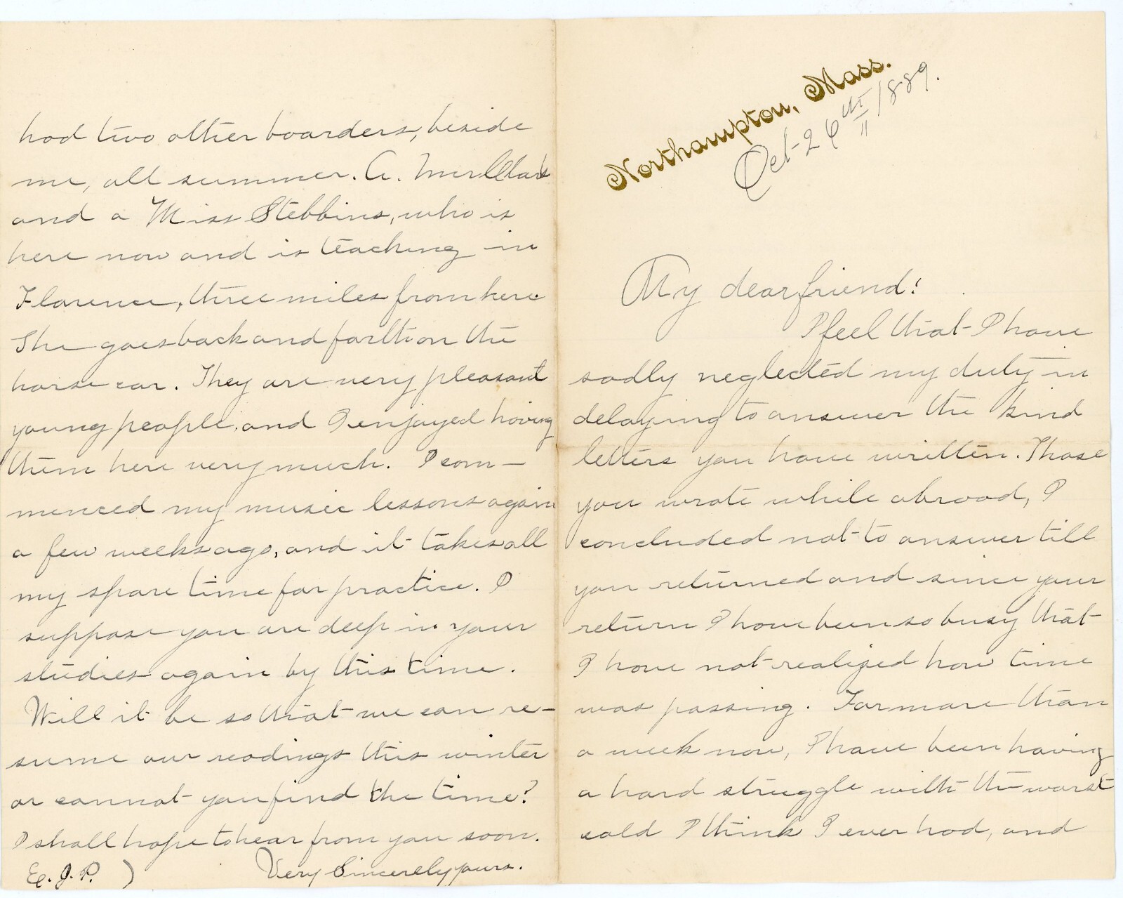 1889 Handwritten Letter Northampton MA Travel Reflections Music Lessons Illness