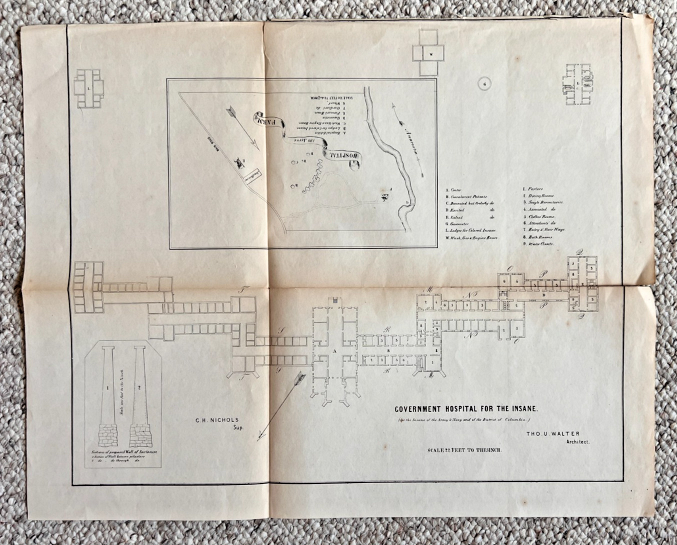 Original 1855 Plans For Government Hospital For  Insane Army Navy Dist Columbia