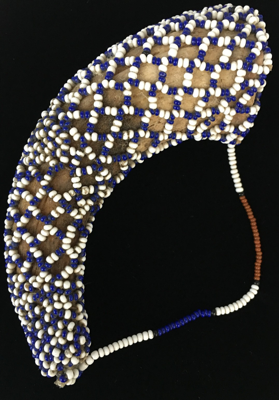 Native American Blue & White Seed Beads Covering Deer Anteler Bead Handle