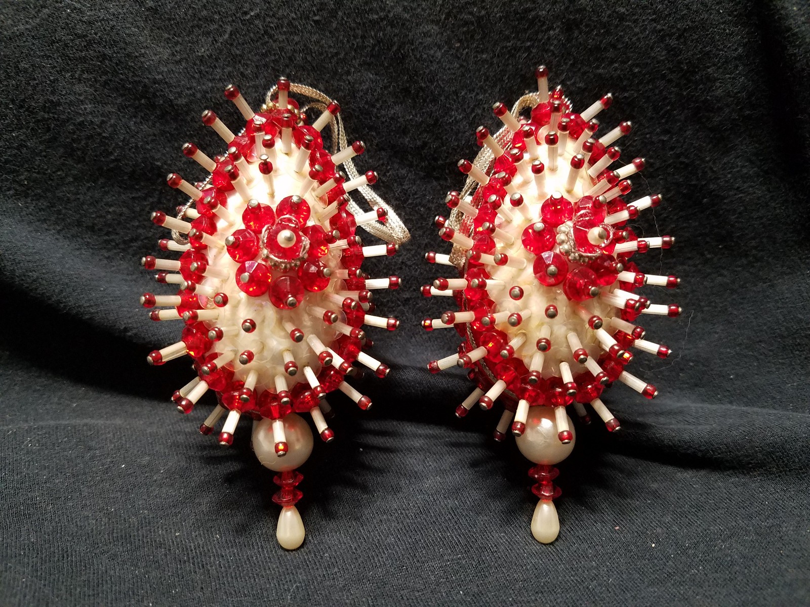 Vintage Handmade Jeweled Beaded Push Pin Red Christmas Ornament Set